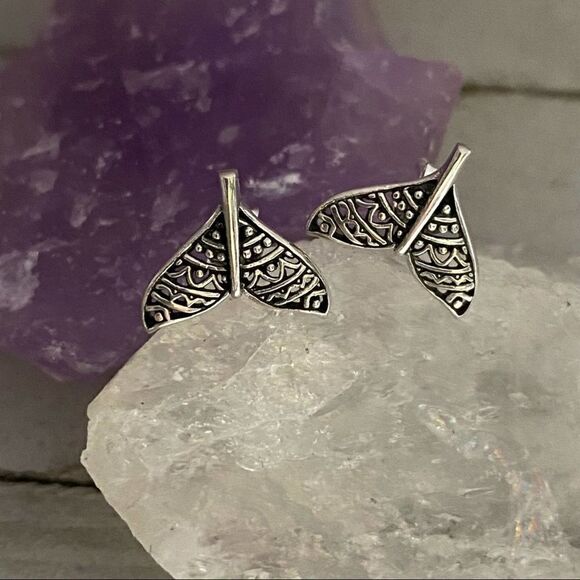 Sterling Silver Boho Whale’s Tail Stud Earrings - Picture 2 of 4